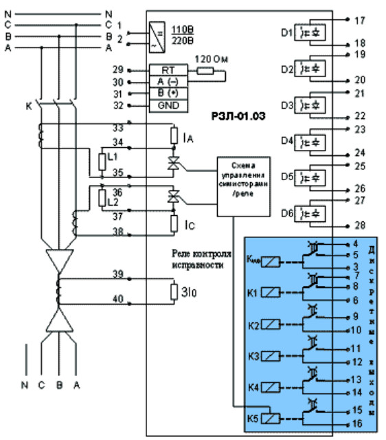 Схема подключения внешних цепей с двумя измерительными ТТ к устройству РЗЛ-01.03 с цепями шунтирования/дешунтирования