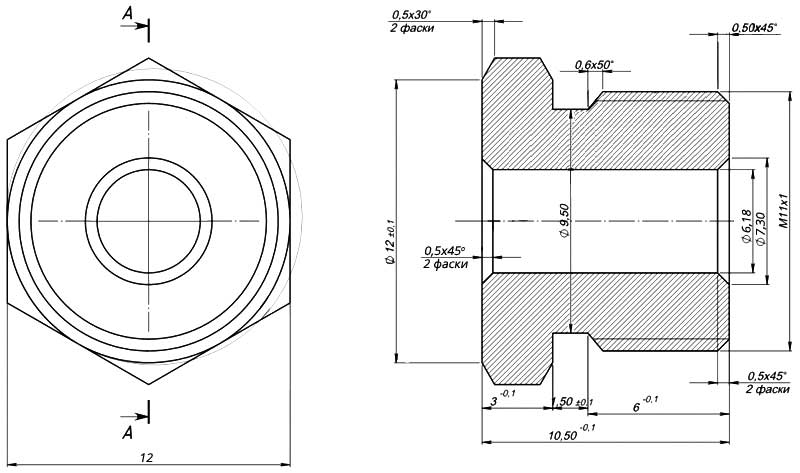 Конструктивная схема гайки инжектора Honeywell (диаметр 6мм)