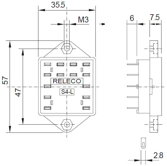 Габаритная схема розетки Releco S4-P для С4 реле