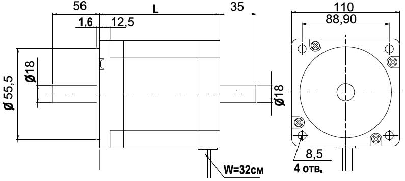 Габаритная схема шагового двигателя KRS114S (фланец 110 мм)
