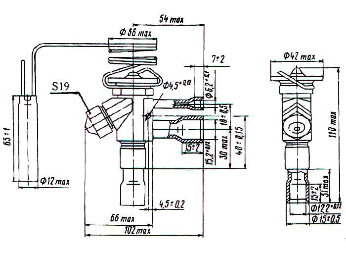 Вентиль терморегулирующий 12ТРВПГ-10 - габаритная схема