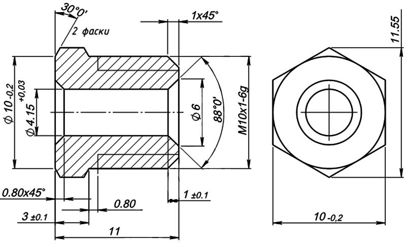 Конструктивная схема гайки инжектора диаметром 4мм
