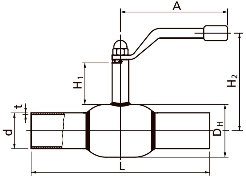 Габаритная схема крана шарового стального под приварку BROEN Ballomax (DN 65-200)