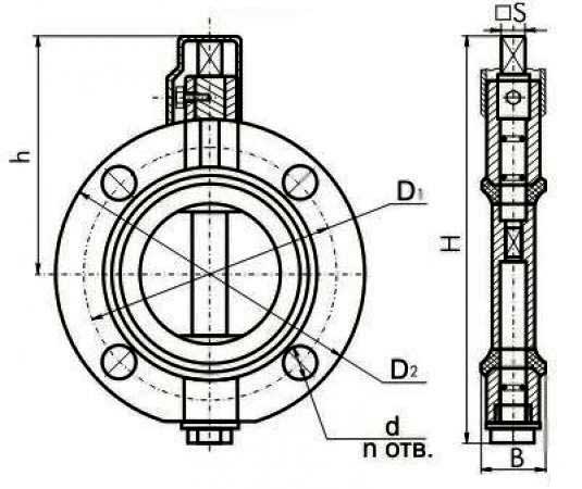 Габаритная схема дискового затвора поворотного ДУ-100
